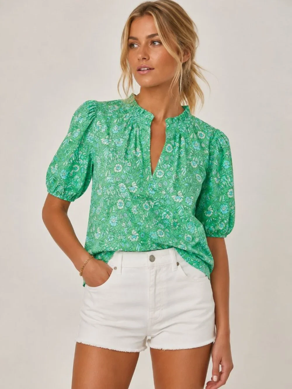 J.Crew Green Marigold Blooms Ruffle-Trim Short-Sleeve Top Medium 8681